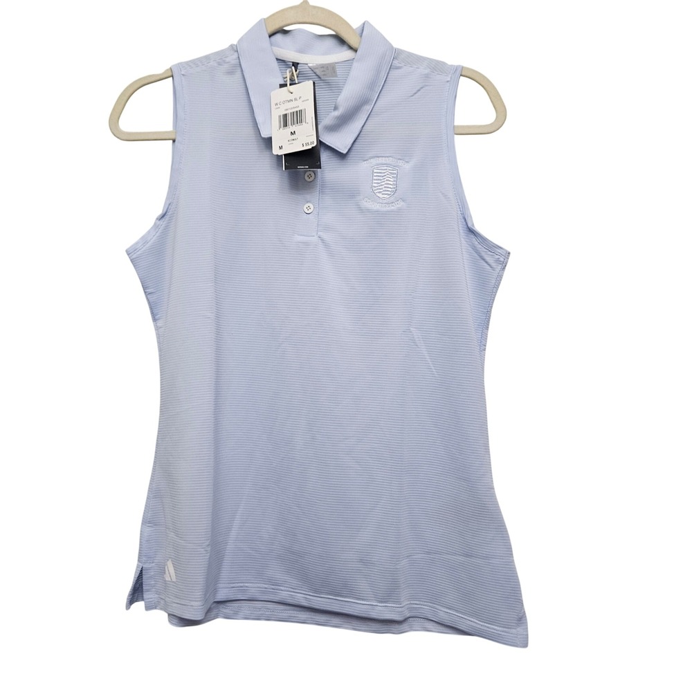 Adidas Sleeveless Polo Women Medium Light Blue Striped Golf Tennis Country Club